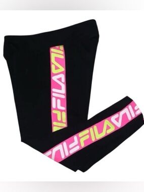 🧘‍♀️NWOT Fila Black Leggings with Pink & Neon Yellow Logo Stripe